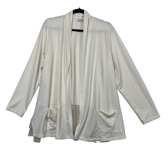 LOGO Lounge Open Cardigan Cream Swiss Dot Chiffon Trim Pockets Size 1X - Picture 2 of 8